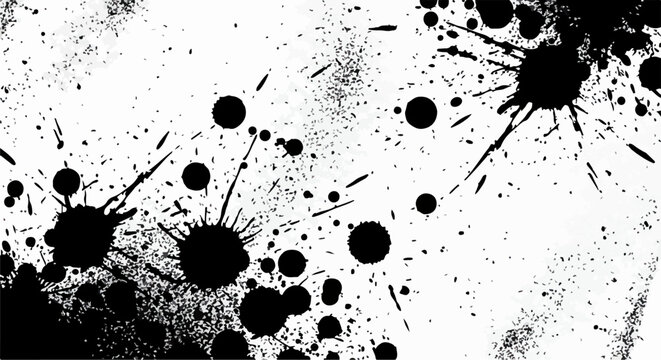 Schwarze Tintenspritzer und Farbflecken auf wei&szlig;em Hintergrund als abstrakte Grunge-Textur f&uuml;r k&uuml;nstlerische Designs und kreative Projekte.