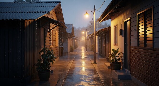 Rainy night in a residential alley.