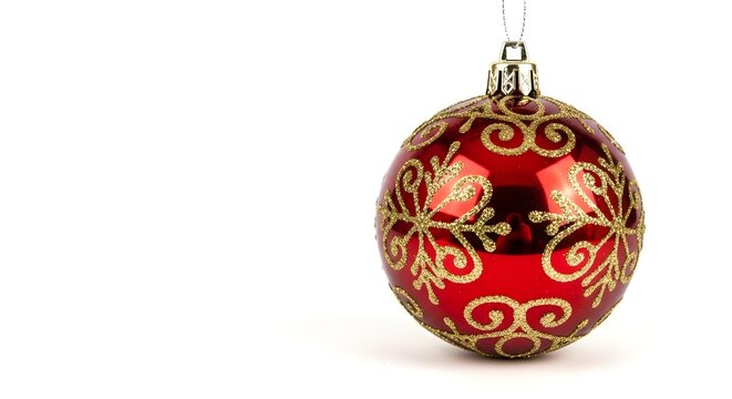 Red and gold decorative christmas ornament with intricate swirl patterns hanging on a string