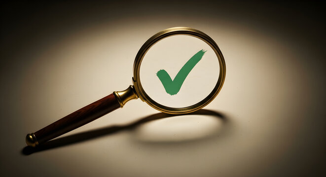 A green checkmark visible through a magnifying glass, symbolizing verification and accuracy