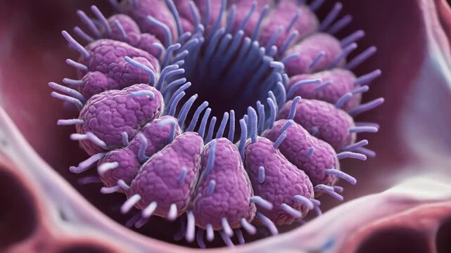 Virus particle with purple spikes closeup.