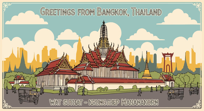 Illustrazione in stile cartolina vintage di Bangkok che mostra il tempio Wat Suthat, l'Altalena Gigante e i tuk-tuk in una scena urbana asiatica.