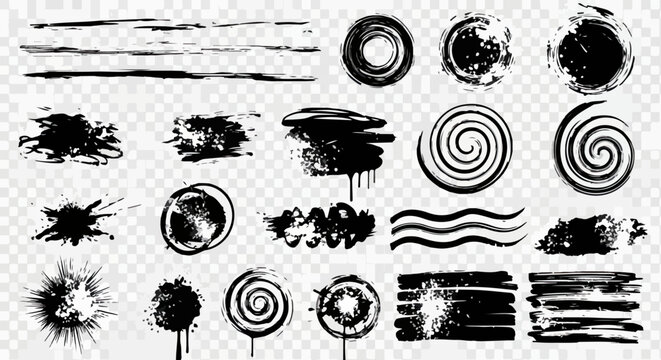 Set di pennellate artistiche nere, schizzi di inchiostro, spirali e texture grunge su sfondo trasparente per progetti creativi e design grafico.