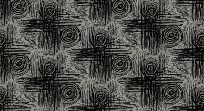 Sfondo astratto con trama senza cuciture di spirali nere e tratteggio incrociato su base grigia, stile artistico grunge e materico.
