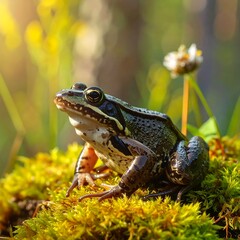 Fototapeta premium A frog sits on moss with a flower in the background