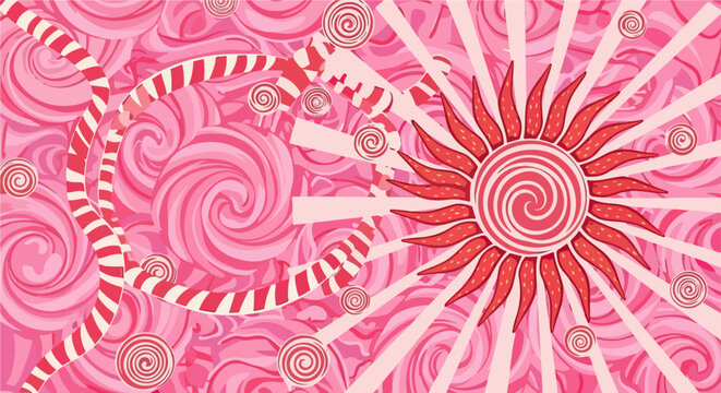 Illustrazione astratta di un mondo di caramelle rosa con un sole radioso, spirali dolci e nuvole di zucchero filato in stile psichedelico.