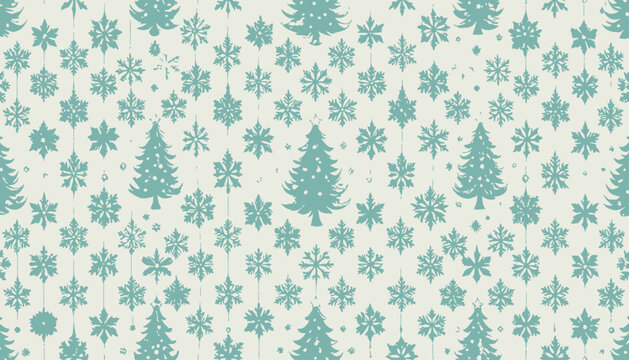 Sfondo natalizio senza cuciture con pattern di alberi di Natale e fiocchi di neve color verde acqua su base crema per carta da regalo.