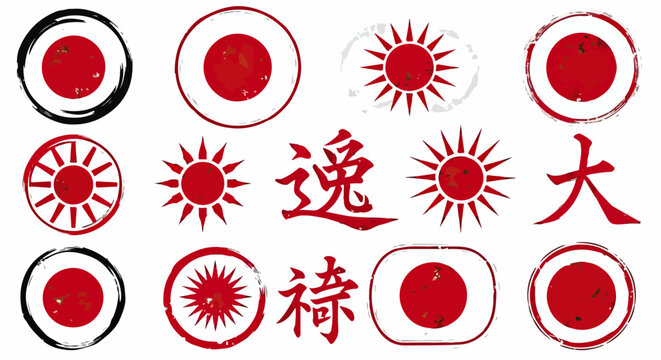 Collezione di timbri e simboli grafici giapponesi con icone del sole nascente rosso, pennellate di inchiostro nero e caratteri kanji tradizionali.