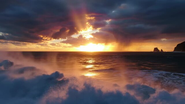 Dramatic Ocean Sunset with Crashing Waves