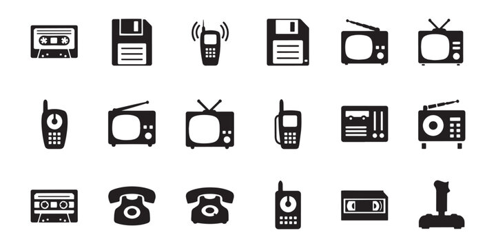 Retro Electronics, Vintage Media Icons, 20 Black and White Symbols, Communication Devices, Technology Signs