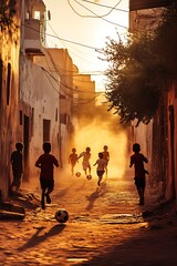 Fototapeta premium Children playing soccer in a dusty street at sunset, creating a warm and nostalgic scene.