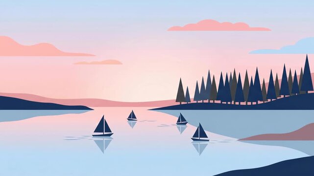 Sailboats drifting peacefully on serene lake at sunset with pine forest shoreline in tranquil nature animation landscape viewpoint