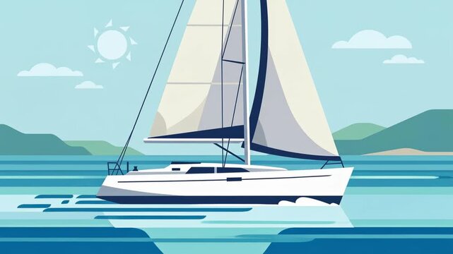 Sailing yacht gliding on calm ocean near scenic green islands animation, vector illustration of peaceful marine transport in daytime environment