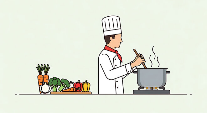 Chef cooking soup with vegetables in kitchen