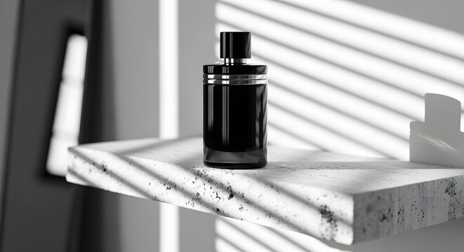 Elegant Black Perfume Bottle on a Stone Shelf with Sunlight