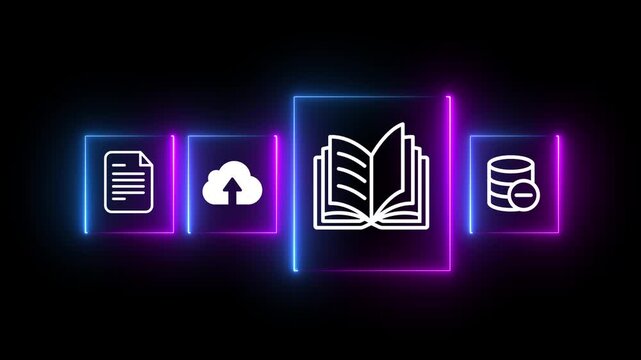 Neon glowing digital library icons with cloud computing and data storage symbols on dark background.