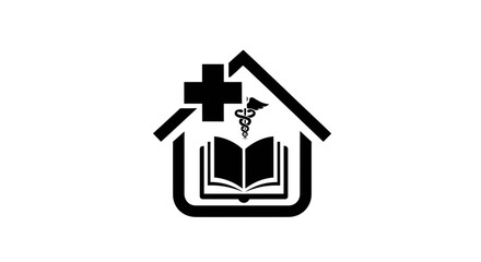 Fototapeta premium Medical Education House Icon: Caduceus, Book, Cross, and Home Symbol