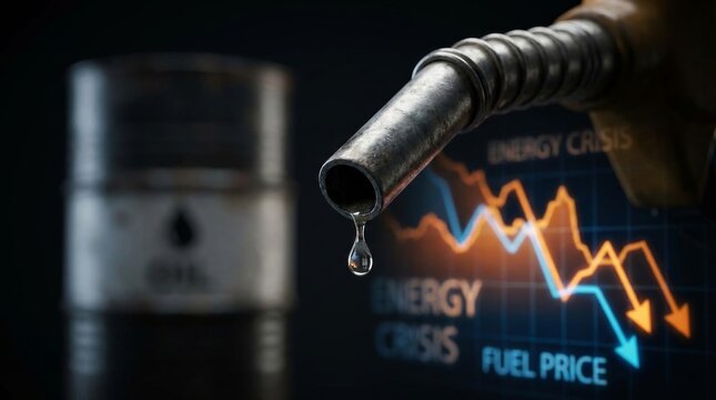 Global energy crisis and oil market volatility concept with fuel nozzle dripping liquid against background of falling price charts economic inflation and petroleum barrel industry supply.