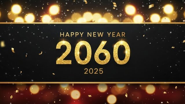 A dark background with gold text reading 'HAPPY NEW YEAR 2060 2025' surrounded by gold lines and bokeh lights