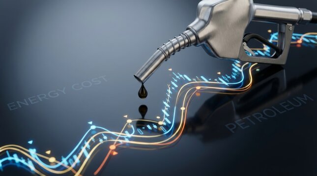 Global energy crisis and petroleum market volatility concept with fuel nozzle dripping oil onto a rising financial stock market chart representing high gas prices and economic inflation impact.