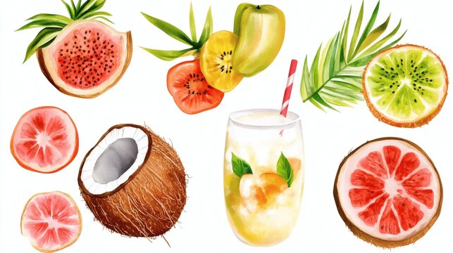 Watercolor tropical fruit set on white: dragon fruit, kiwi, guava, coconut, grapefruit slices, palm leaves and a refreshing iced drink with straw.