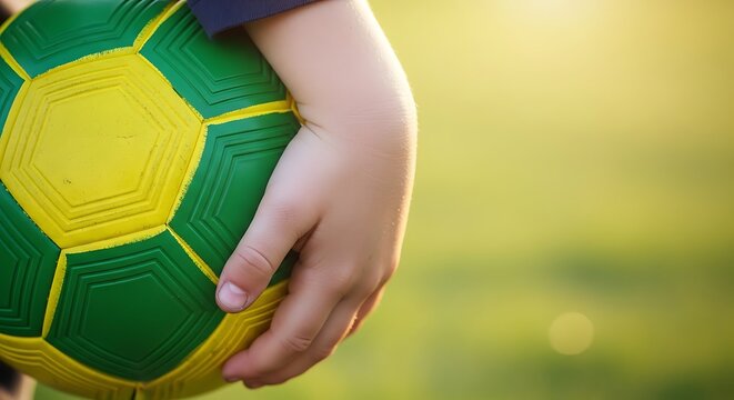 A small hand holding a green and yellow soccer ball in a sunny outdoor setting Green and yellow brazilian colors at on 2026, soccer world championship.