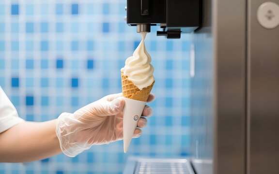 Close-up of a hand in a glove holding a waffle cone while soft-serve ice cream is dispensed from a machine.