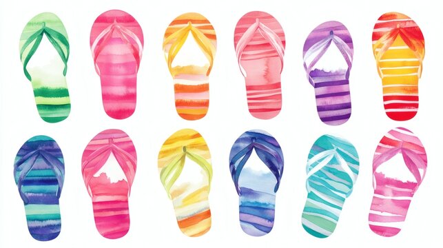 Colorful watercolor flip-flops set on white background, summer vacation footwear illustration in rainbow hues.