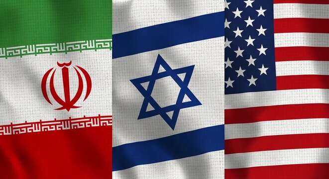 The flags of Iran, Israel, and the United States displayed side by side