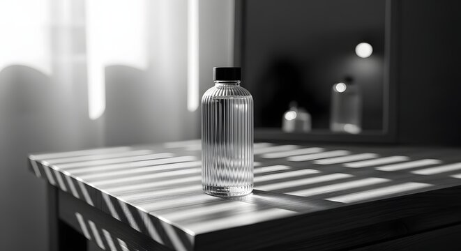 Minimalist Water Bottle on Table with Light and Shadow