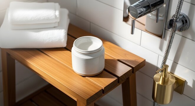 Modern Bathroom Spa Scene with Towels, Jar, and Shower Fixtures