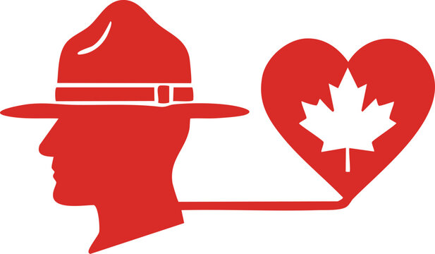 Canada Day concept with red silhouette of Mountie and maple leaf in heart shape