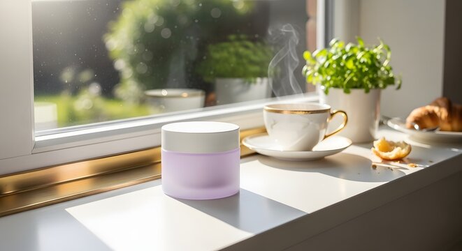 Morning Coffee and Skincare Product by Window