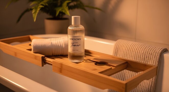 Relaxing Bathroom Spa Scene: Toner Bottle, Towel, and Bath Tray