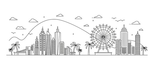 Obraz premium Wide panoramic line art city skyline silhouette with mountains ferris wheel and tropical palm trees