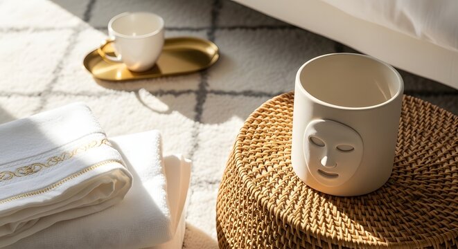 Spa Day Still Life: Face Mask Holder, Towels, and Coffee Cup