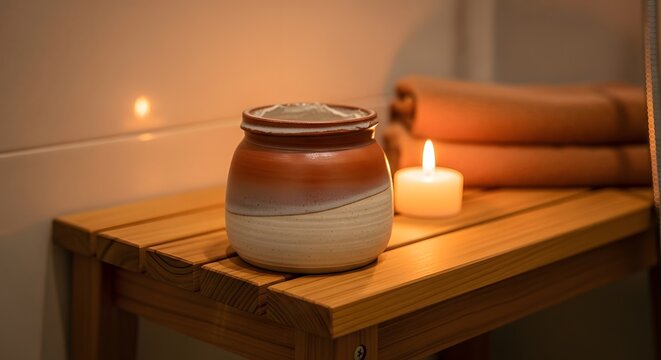 Spa Relaxation Scene: Ceramic Jar, Lit Candle, and Rolled Towels on Wooden Bench