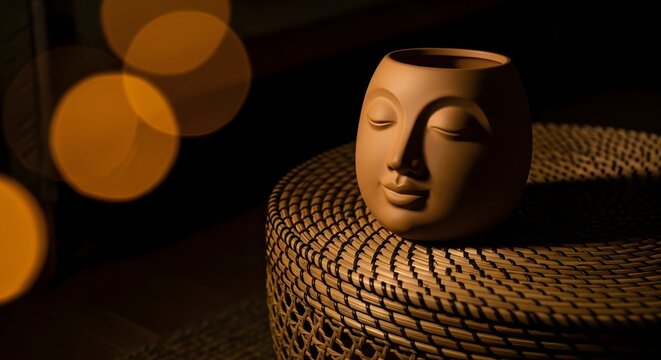 Zen Buddha Face Vase on Wicker Table, Warm Light, Meditation and Relaxation Concept
