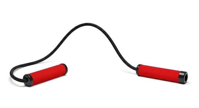 Red and black exercise jump rope with handles and coiled rope