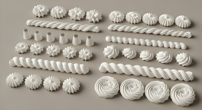 White whipped cream swirls and frosting borders set, decorative cake icing piping collection, sweet meringue dollops and pastry cream textures