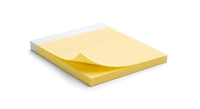 Yellow sticky note pad with one note partially torn off on white background paper 1