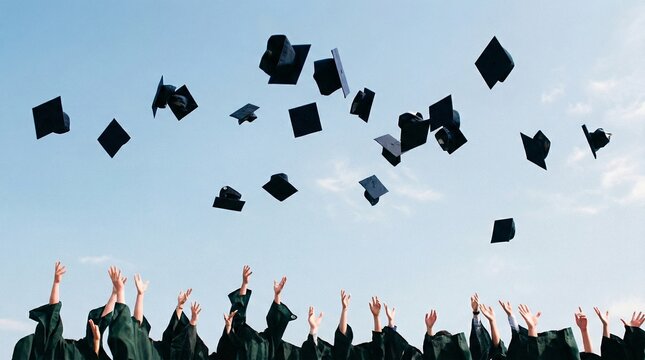 Graduates throw their caps into the bright blue sky, celebrating success, achievement, and the start of a new journey.