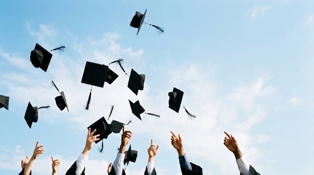 Graduates throw their caps into the bright blue sky, celebrating success, achievement, and the start of a new journey.