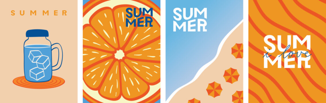 I love summer. Vector illustration of beach, orange, and a glass of ice water. For poster, art print, book cover, background.