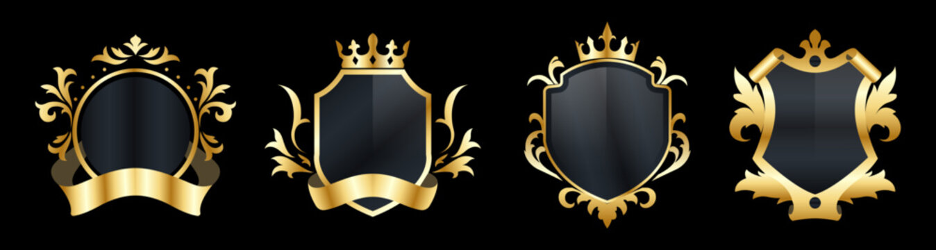 Black gold label badges design set. Golden retro frame with black. empty vintage frame. Simple golden luxury vintage design. Blank mockup of retro gold frame. isolated vector illustration