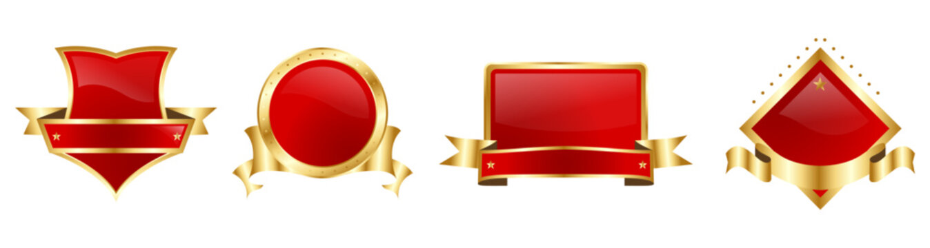 Red gold label badges design set. Golden retro frame with red. empty vintage frame. Simple golden luxury vintage design. Blank mockup of retro gold frame. isolated vector illustration