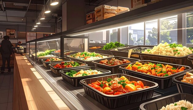 A cafeteria serving line with various food options