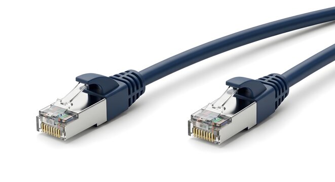 Two blue ethernet cables with r j45 connectors on a white background rj45 connector technology