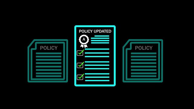 Business professional holding tablet with policy updated notification, Corporate compliance, new rules implementation, governance management, regulatory change, and digital documentation process.