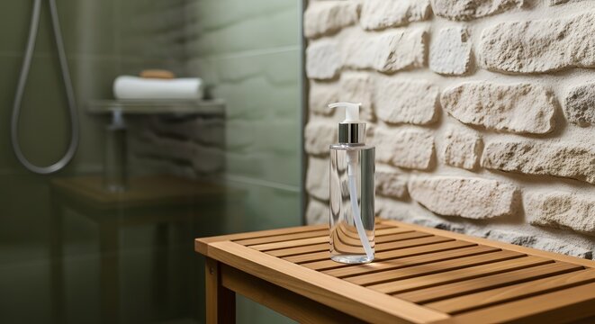 Modern Bathroom Spa Setting with Soap Dispenser on Wooden Bench